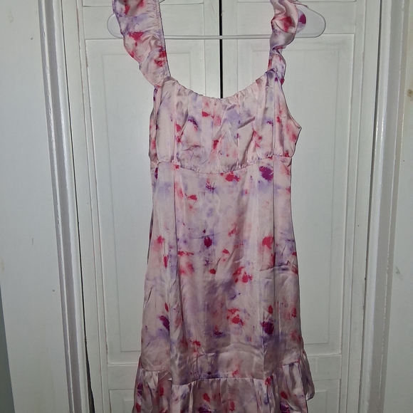 Emily Wonder Dresses & Skirts - Emily Wonder Soft Pink Floral Tie-Dye Ruffle Strap Mini Dress